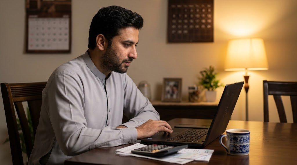 A Pakistani taxpayer filing an income tax return on a laptop at home with receipts and a calculator