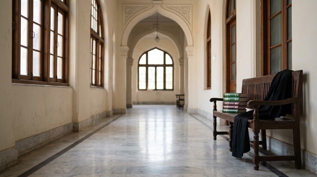 A quiet corridor of the Federal Shariat Court building in Islamabad with law books on a bench
