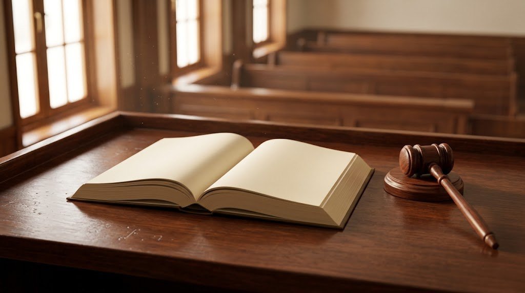 An open law book and a judge's gavel on a wooden desk in a Pakistani courtroom