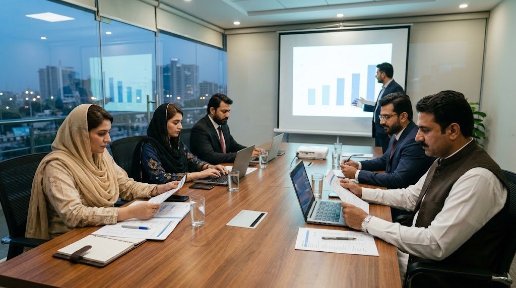 Company directors seated around a boardroom table during an annual general meeting in Pakistan