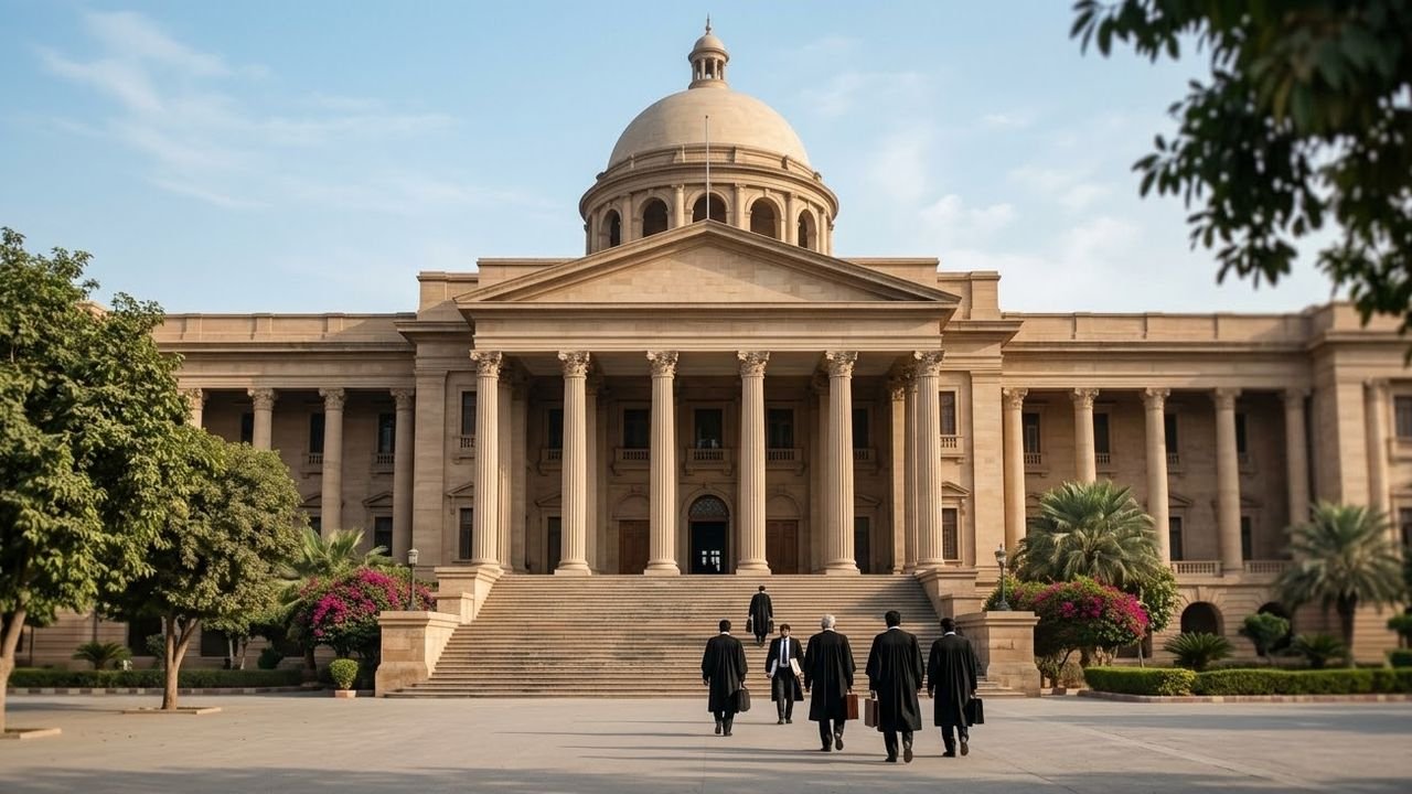 Lawyers in black coats walking towards a colonial-era court building with a dome