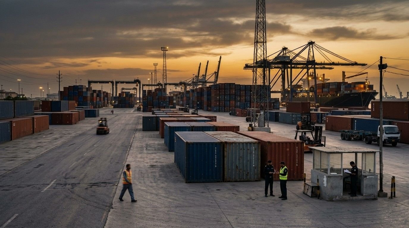 Shipping containers and cranes at a Pakistani port at sunset, with customs staff checking papers