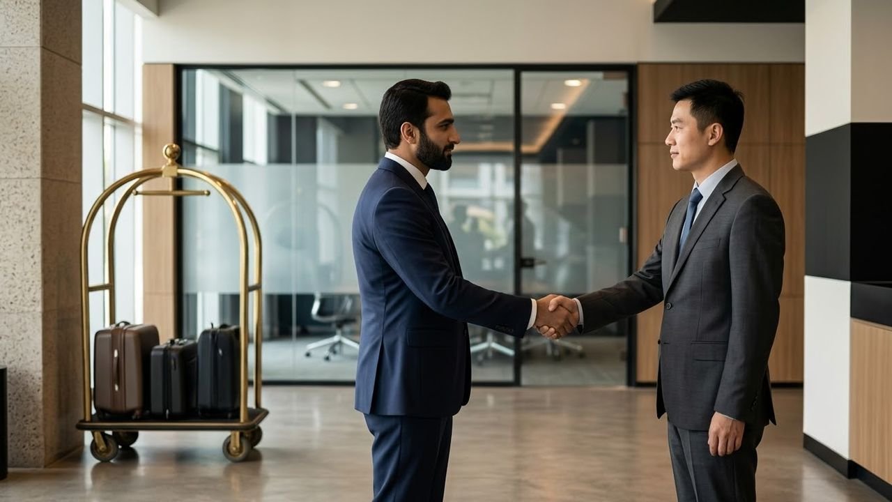 A Pakistani and a Chinese executive shaking hands in an office lobby, luggage on a trolley behind them