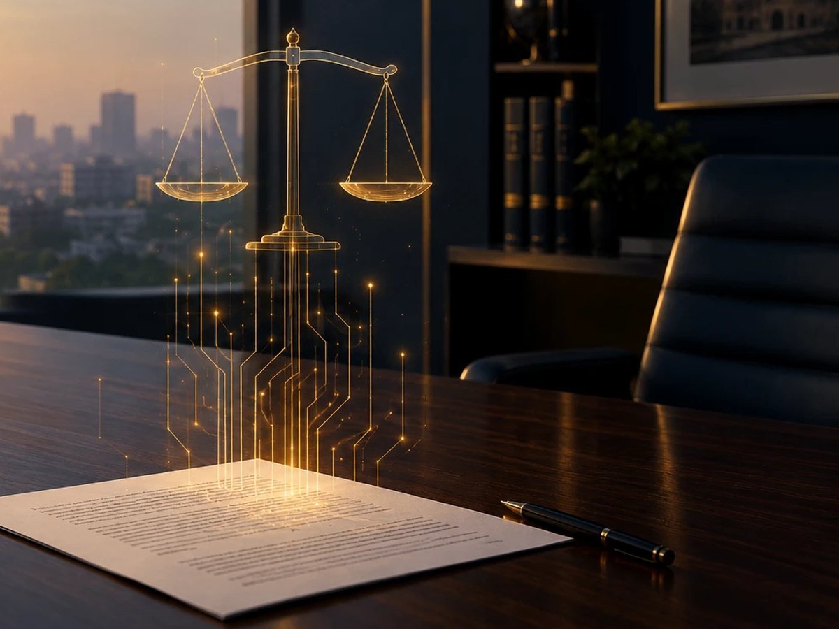 A glowing balance of justice rising from a document on a lawyer’s desk at sunset