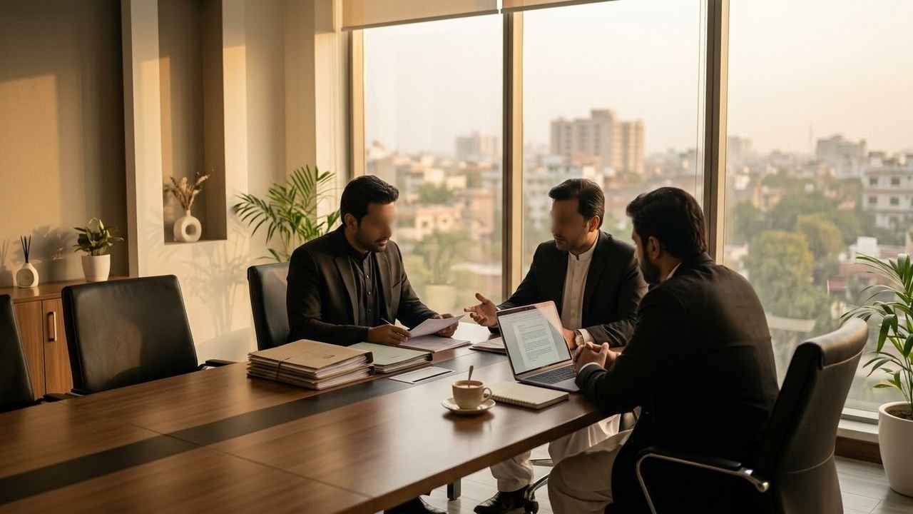 Three lawyers in a Lahore office meeting room reviewing files at golden hour