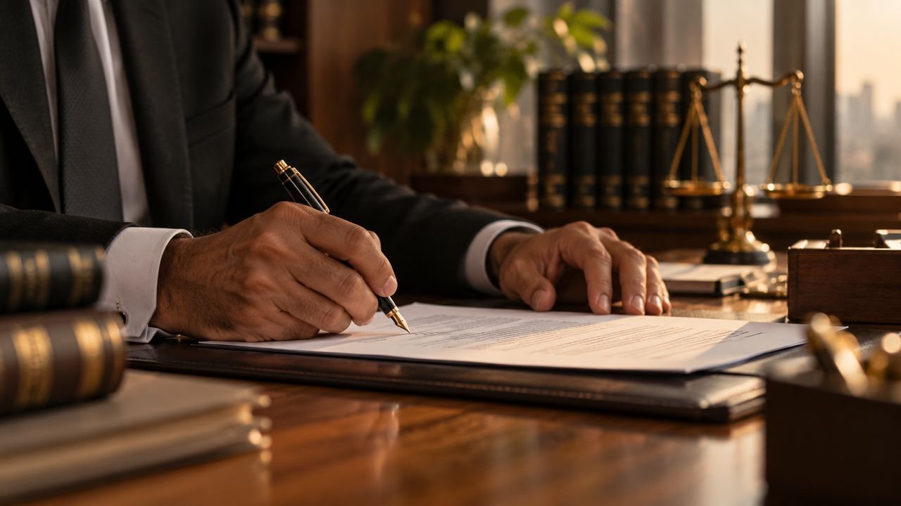 A lawyer's hand signing a document with a fountain pen, law books and scales on the desk