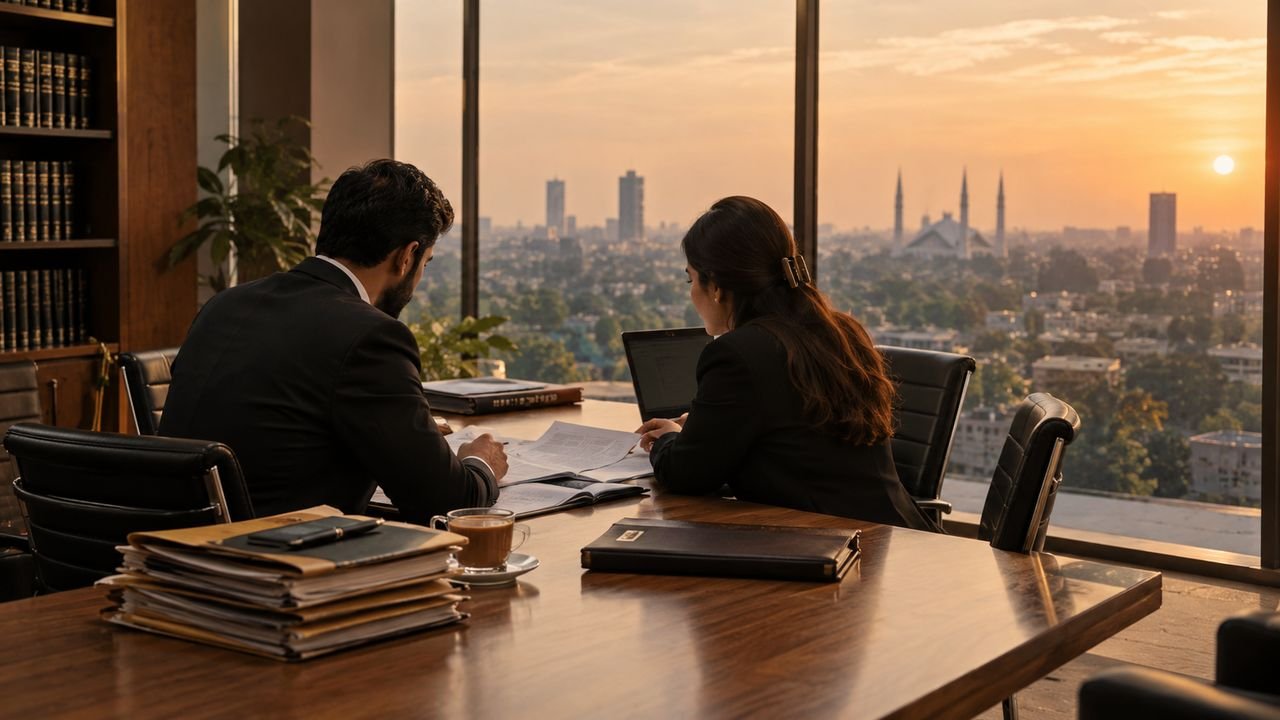 Two advisers reviewing documents at a table overlooking Islamabad at sunset