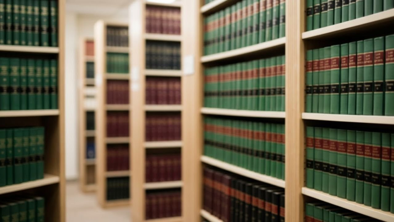 Shelves of green and maroon law reports in a law library