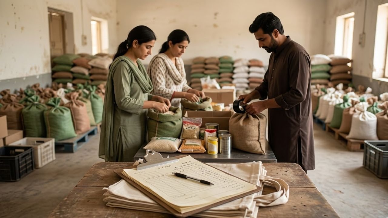 Volunteers of a Pakistani welfare organisation packing ration bags, with a registration form on a clipboard