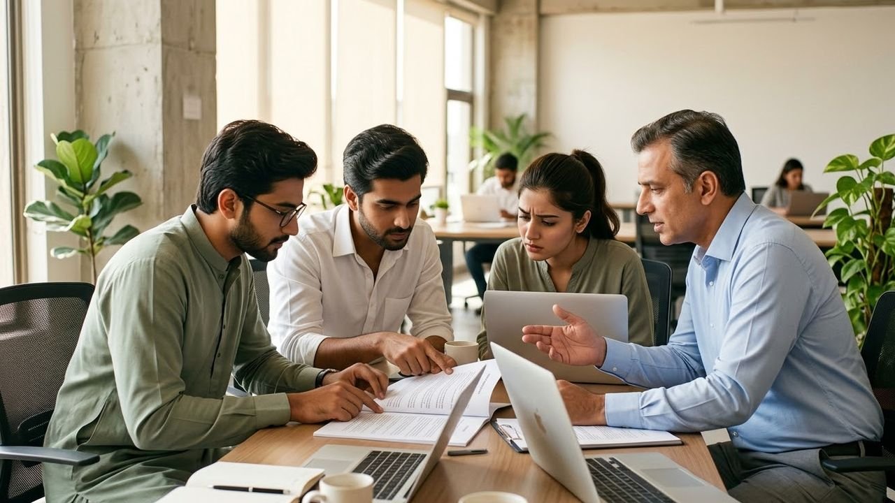 Young founders reviewing a shareholders' agreement with an adviser in a co-working space