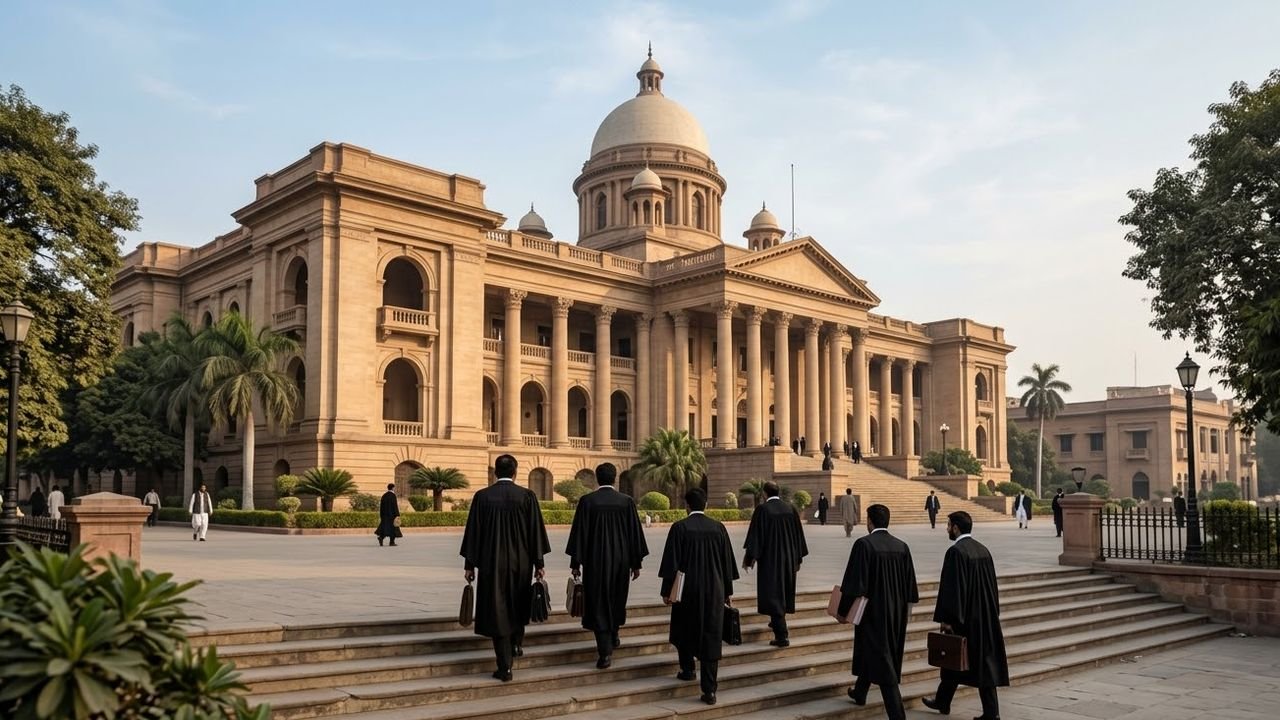Lawyers in black coats walking up to a domed court building