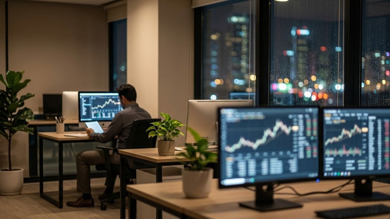 A fintech office at night with trading charts on several screens